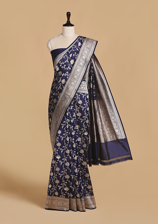 Navy Blue Jaal Saree in Silk