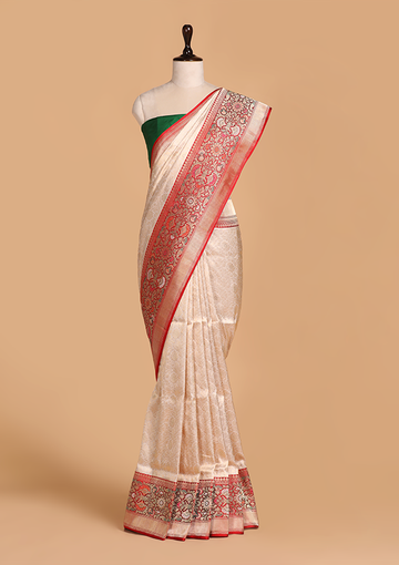 Off White Brocade Saree in Silk