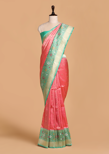 Peach Brocade Saree in Silk