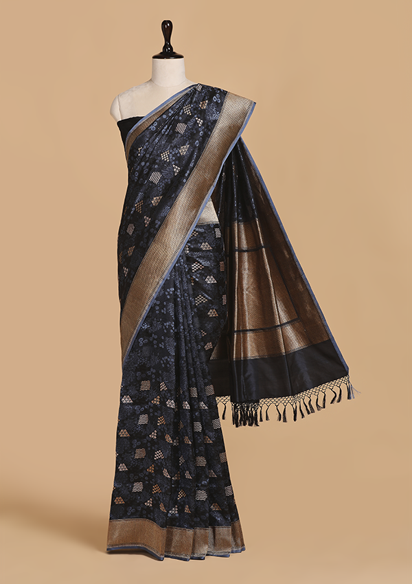 Navy Blue Butti Saree in Silk