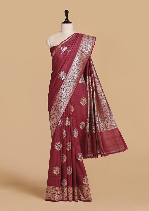 Maroon Butta Saree in Georgette Tussar