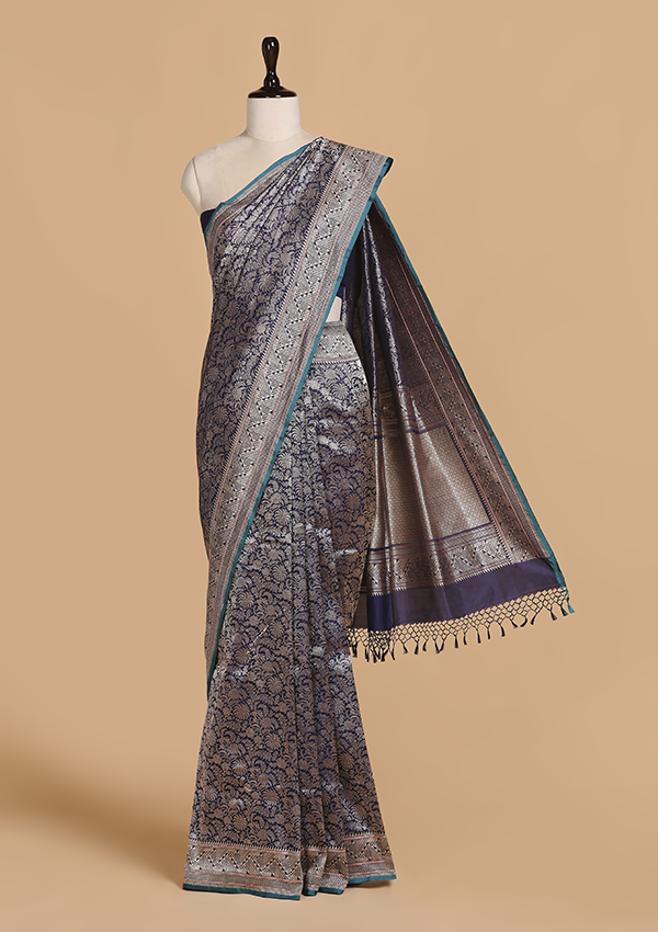 Navy Blue Brocade Saree in Silk