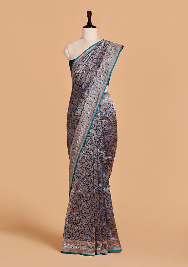 Navy Blue Brocade Saree in Silk