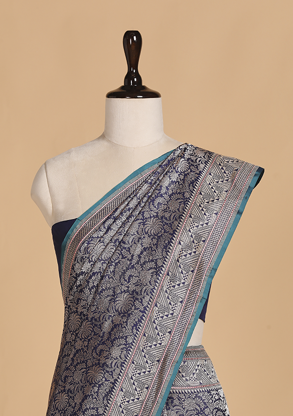 Navy Blue Brocade Saree in Silk