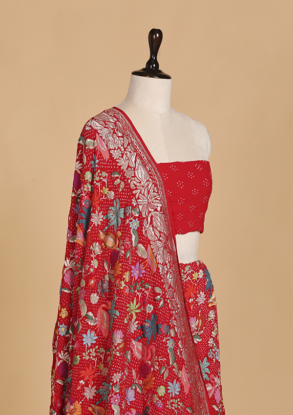 Red Jaal Bandhani Saree in Georgette