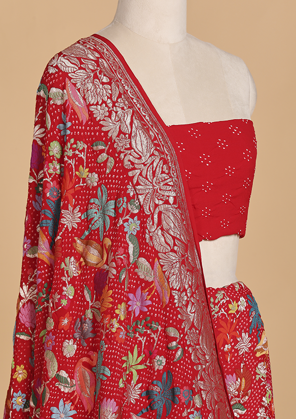 Red Jaal Bandhani Saree in Georgette