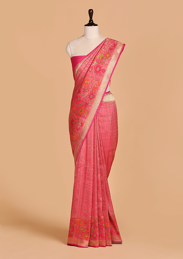 Strawberry Pink Brocade Saree in Georgette Tussar