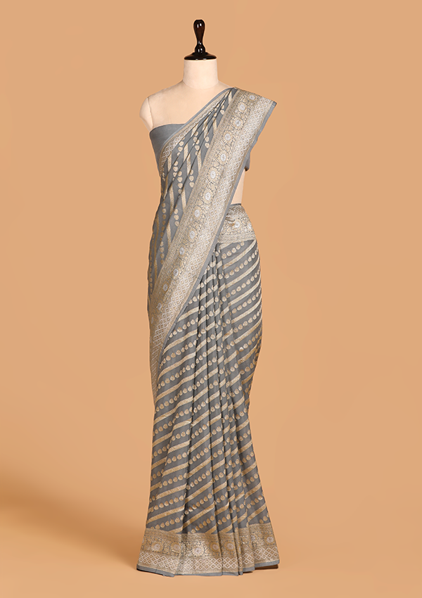 Grey Lehariya Saree in Muslin Silk