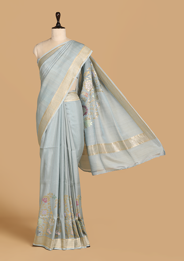 Sky Blue Plain Saree In Georgette Tussar