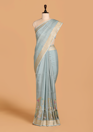 Sky Blue Plain Saree In Georgette Tussar