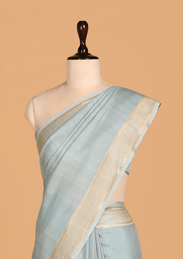 Sky Blue Plain Saree In Georgette Tussar