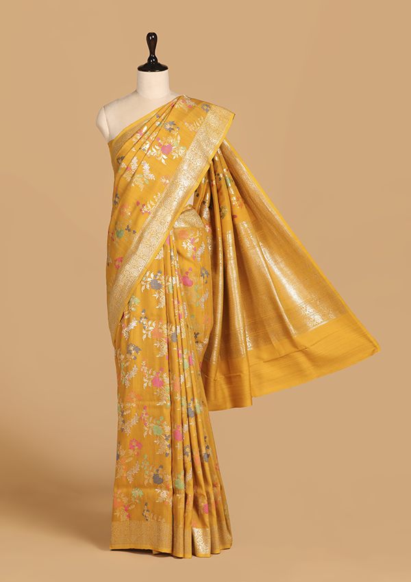 Mustard Jaal Saree In Tussar Georgette