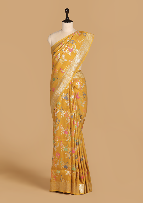 Mustard Jaal Saree In Tussar Georgette