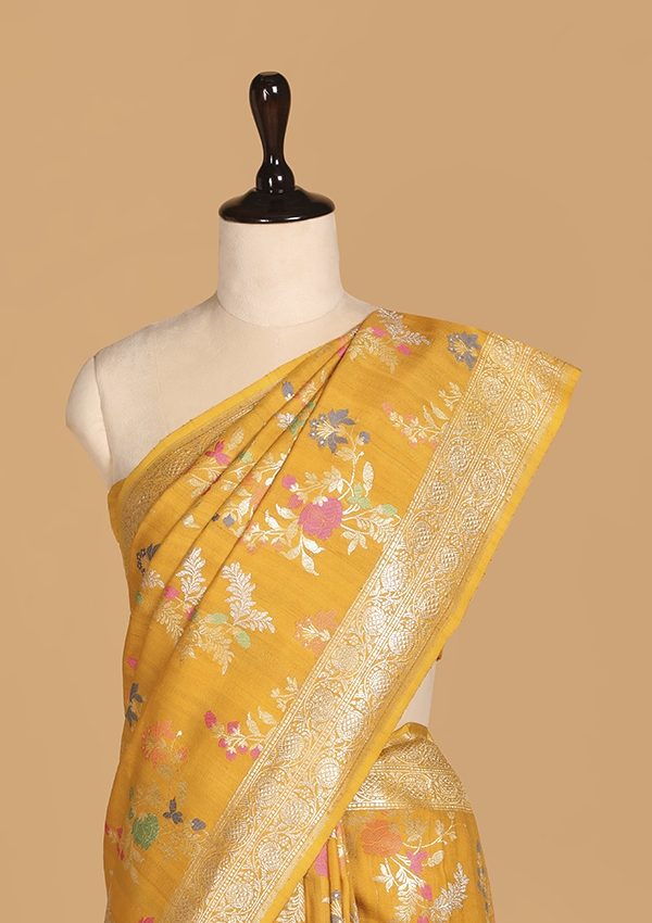 Mustard Jaal Saree In Tussar Georgette