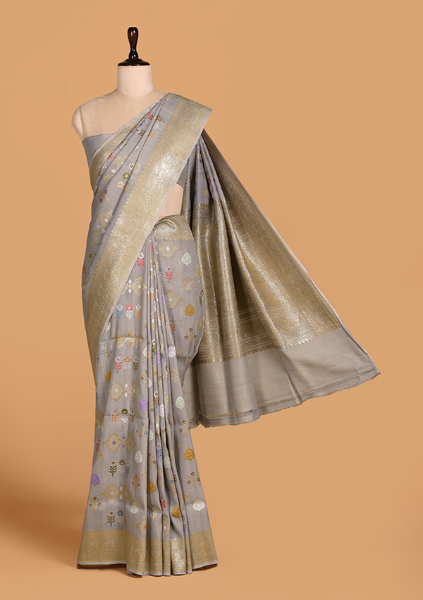 grey butta saree in georgette tussar