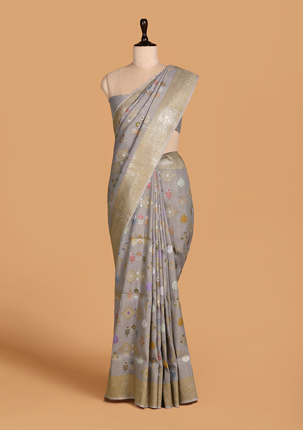 grey butta saree in georgette tussar