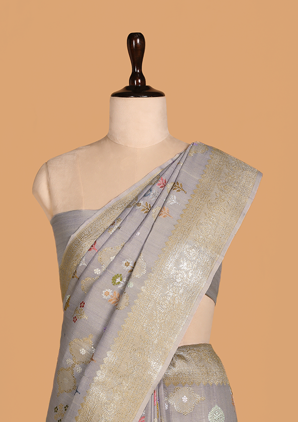 grey butta saree in georgette tussar