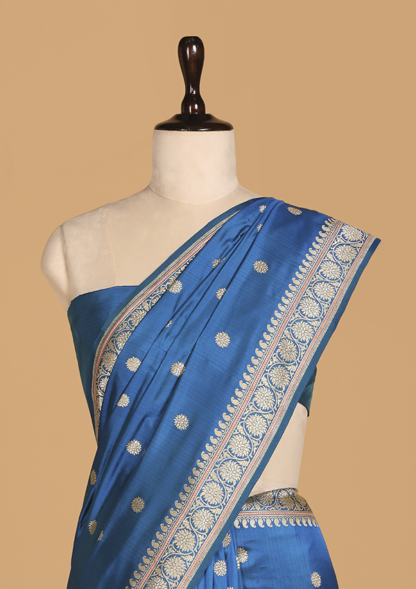 Peacock Blue Butti Saree in Silk