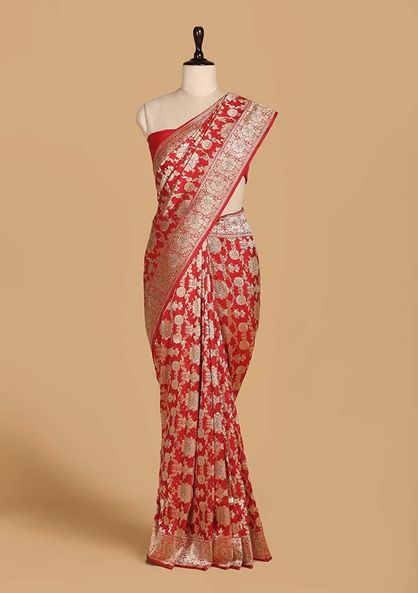 Red Jaal Saree in Silk