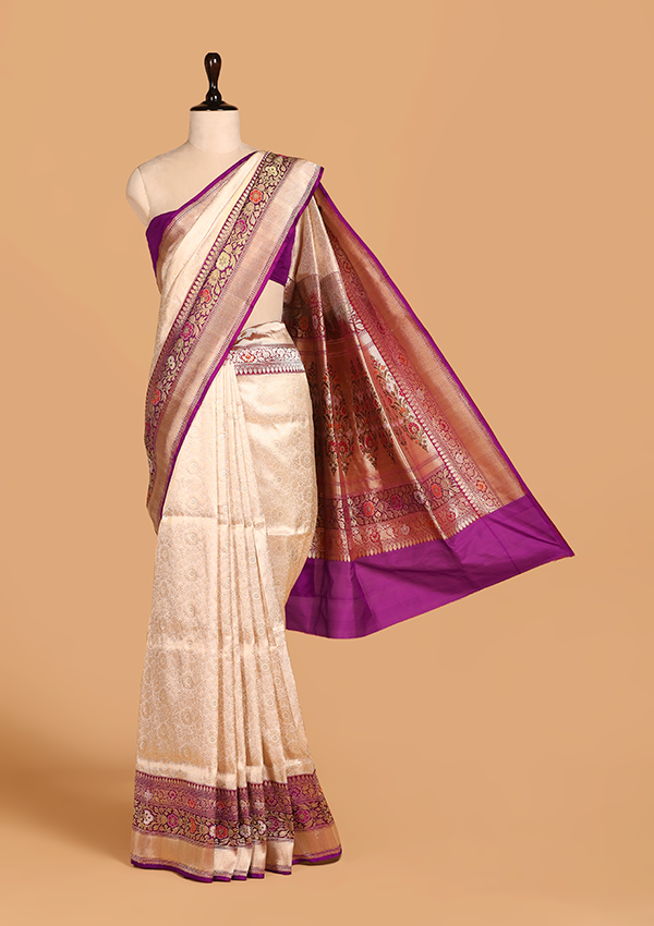 off white brocade saree in silk