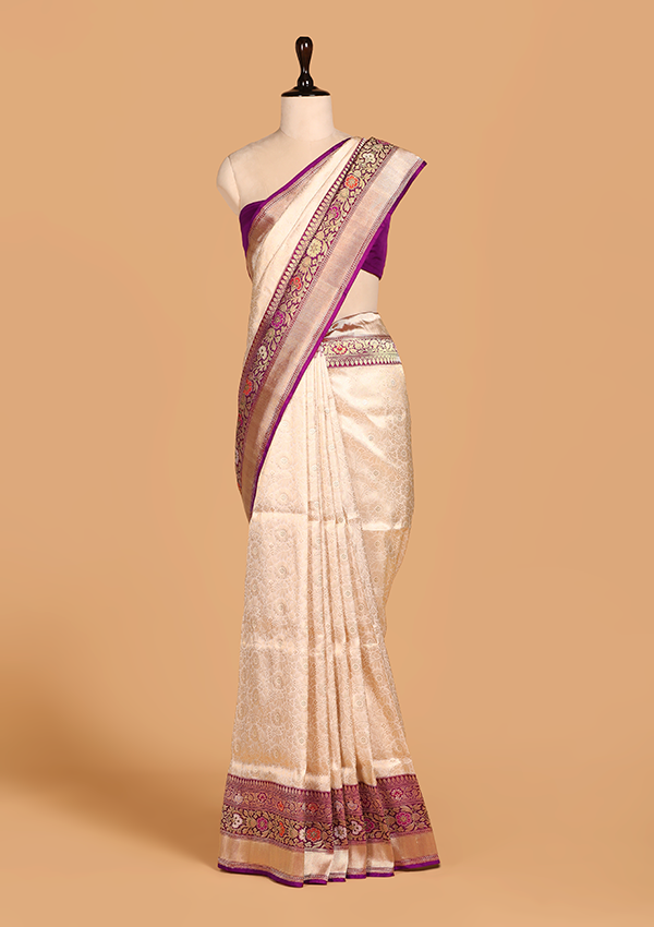 off white brocade saree in silk