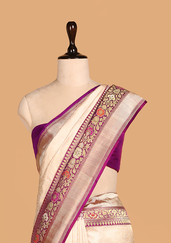 off white brocade saree in silk