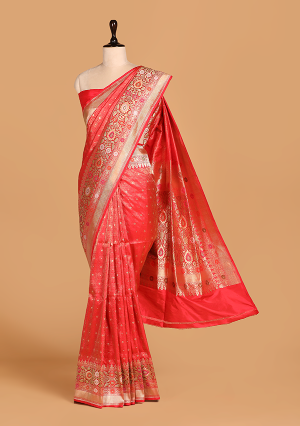 Tomato Red Brocade Saree in Silk