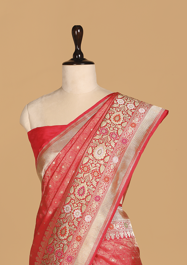 Tomato Red Brocade Saree in Silk