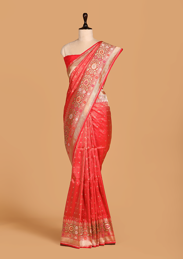 Tomato Red Brocade Saree in Silk