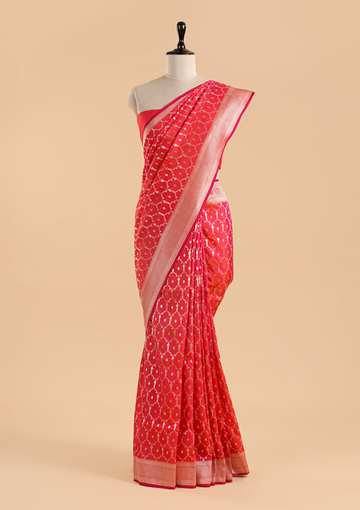 Coral Pink Jaal Saree in Silk