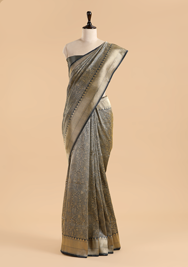 Grey Brocade Saree In Silk