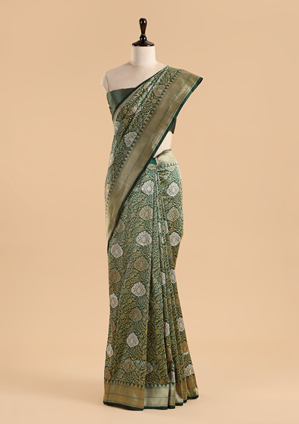 Bottle Green Brocade Saree In Silk