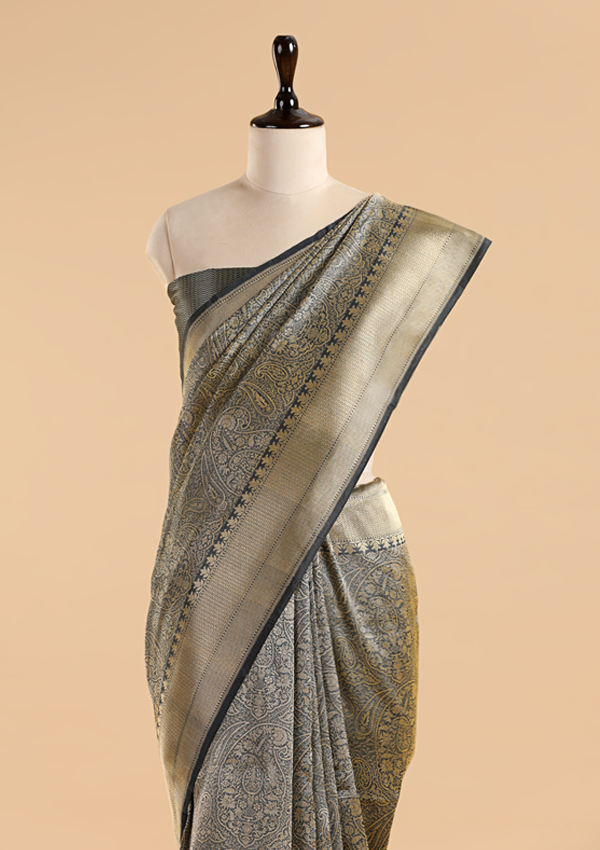 Grey Brocade Saree In Silk