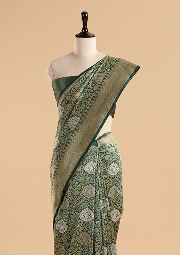 Bottle Green Brocade Saree In Silk