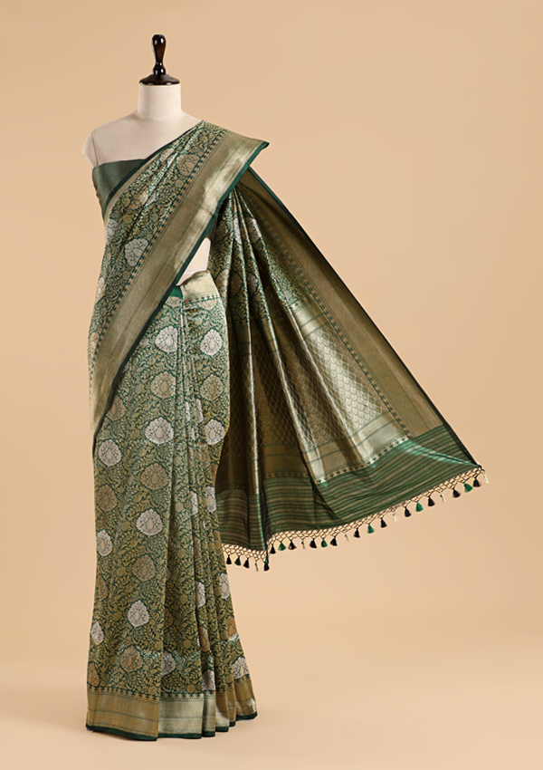 Bottle Green Brocade Saree In Silk