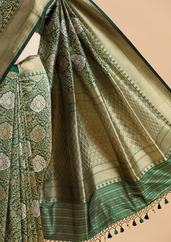 Bottle Green Brocade Saree In Silk