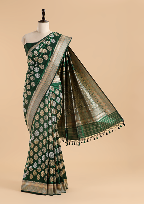 Bottle Green Butta Saree in Silk