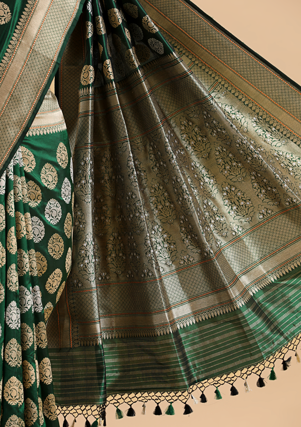 Bottle Green Butta Saree in Silk