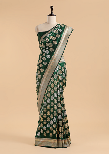 Bottle Green Butta Saree in Silk