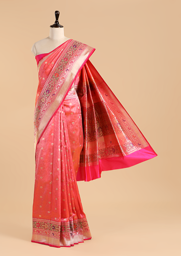 Coral Pink Brocade Saree In Silk