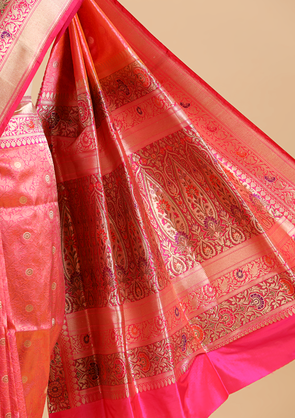 Coral Pink Brocade Saree In Silk