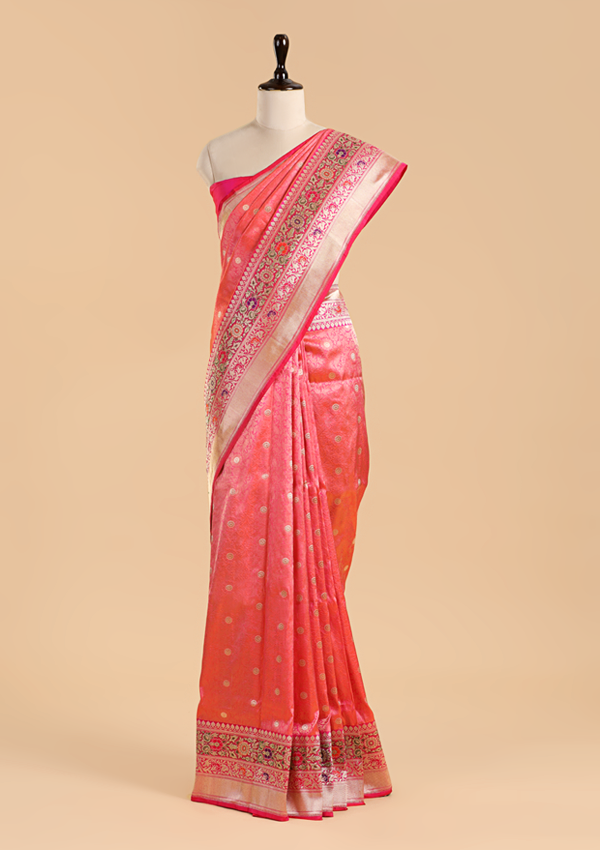 Coral Pink Brocade Saree In Silk