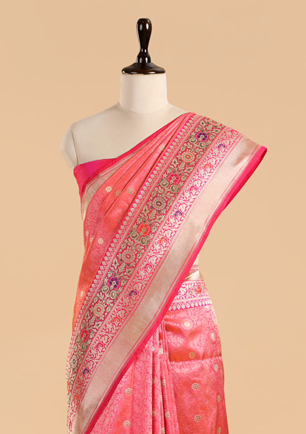 Coral Pink Brocade Saree In Silk