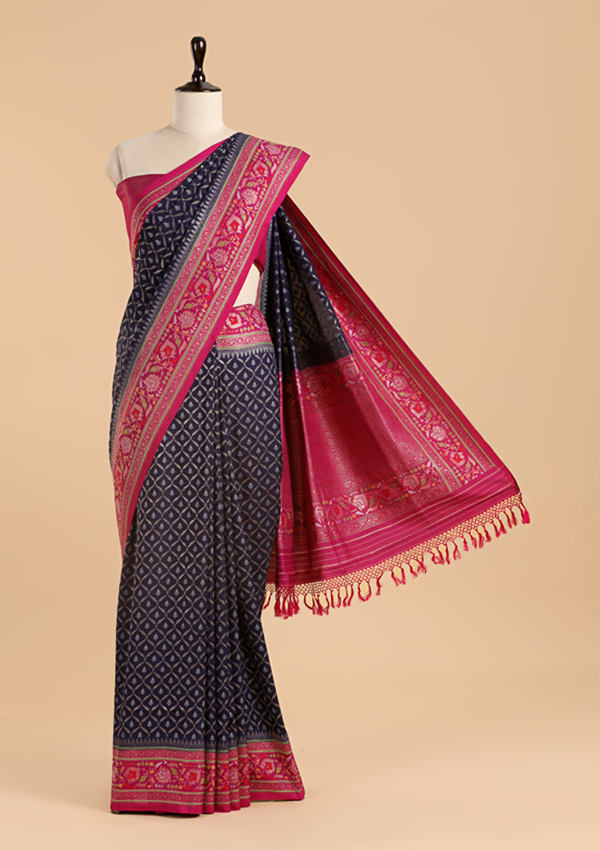 Navy Blue Jaal Saree in Silk