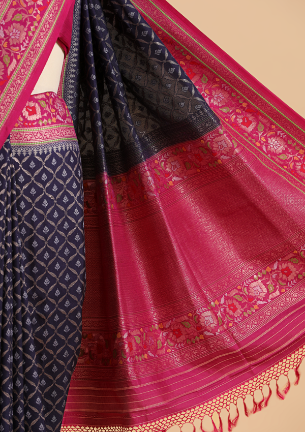 Navy Blue Jaal Saree in Silk