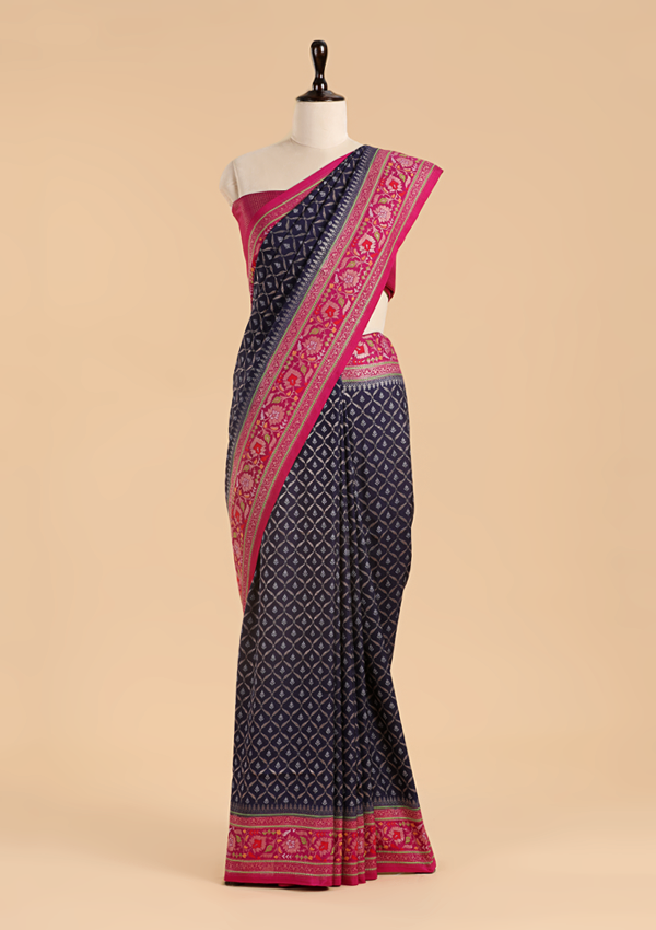 Navy Blue Jaal Saree in Silk