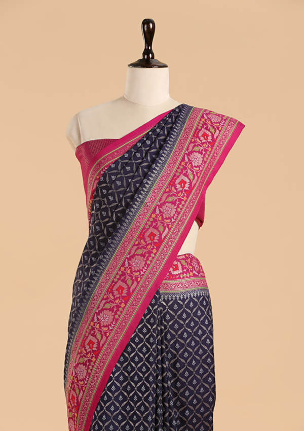 Navy Blue Jaal Saree in Silk