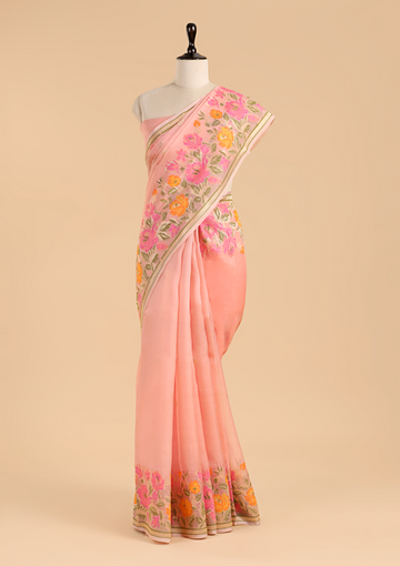 Light Pink Butti Saree in Kora Silk