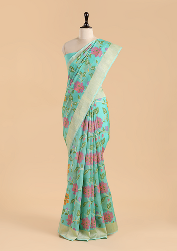 Firozi Jaal Saree in Kora Silk