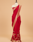 Red Plain Saree In Georgette Tussar